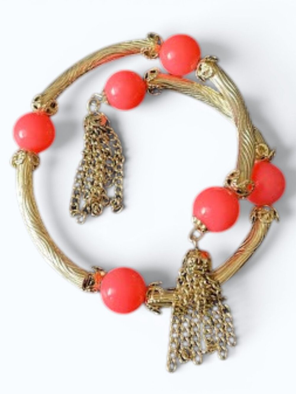 Vintage Textured Gold Tone Faux Coral Bead Wrap Tassel Bracelet